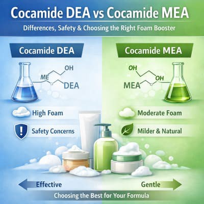 Cocamide DEA vs Cocamide MEA: atšķirības, drošība un kā izvēlēties pareizo putu pastiprinātāju jū...